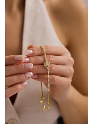 Nereze 925 Ayar Gümüş Gold Kaplama Ayarlanabilir Asansörlü Yuvarlak Zirkon Taşlı Suyolu Bileklik