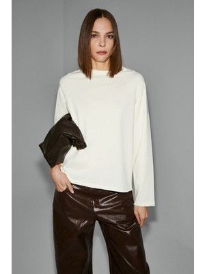 Grimelange Kıssora Kadın Organik Pamuklu Yuvarlak Yaka Reglan Kol Uzun Kollu Relax Fit Ekru Bluz