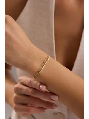 Nereze 925 Ayar Gümüş Gold Kaplama Çift Zincirli Suyolu Model Bileklik