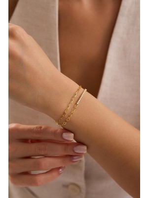 Nereze 925 Ayar Gümüş Gold Kaplama Çift Zincirli 2 mm Taşlı Suyolu Model Bileklik