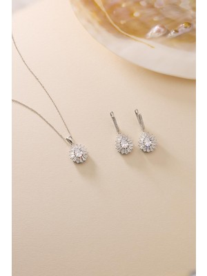 Nereze 925 Ayar Gümüş Set Rodyum Kaplama Damla Beyaz Taşlı Kolye ve Küpe