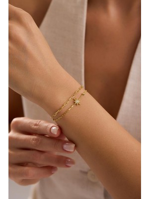Nereze 925 Ayar Gümüş Gold Kaplama Çift Zincirli Kutup Yıldızı Model Bileklik