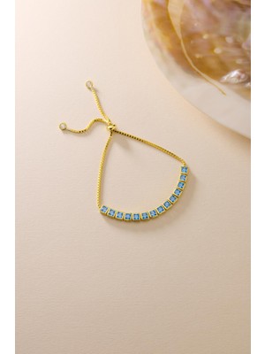 Nereze 925 Ayar Gümüş Gold Kaplama Ayarlanabilir Asansörlü  Sıralı Kare Aquamarin Taşlı Bileklik