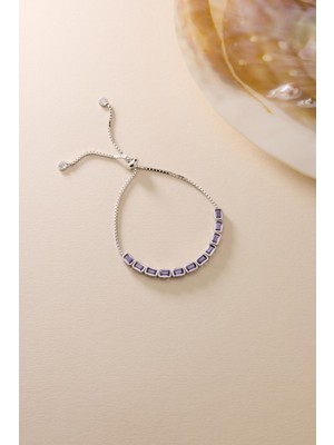 Nereze 925 Ayar Gümüş Rodyum Kaplama Ayarlanabilir Asansörlü Sıralı Mor Baget Taşlı Bileklik