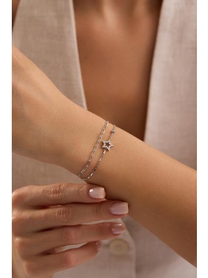 Nereze 925 Ayar Gümüş Rodyum Kaplama Çift Zincirli Yıldız Model Bileklik