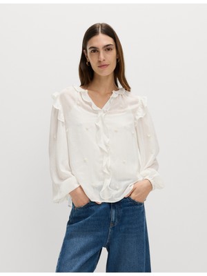 Marks & Spencer Süslemeli V‑yaka Fırfırlı Uzun Kollu Bluz