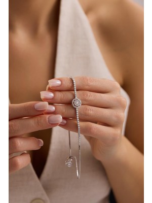 Nereze 925 Ayar Gümüş Rodyum Kaplama Ayarlanabilir Asansörlü Yuvarlak Zirkon Taşlı Suyolu Bileklik