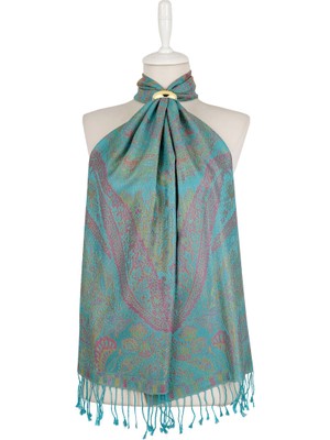 Bursa İpek Turkuaz Pembe Jamawar Dokuma Ipek Fular