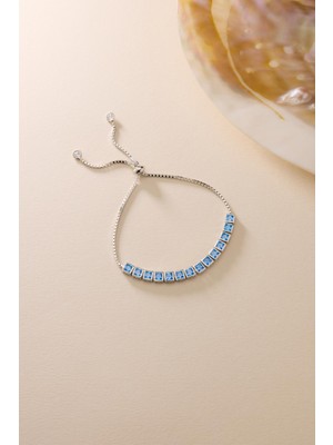 Nereze 925 Ayar Gümüş Rodyum Kaplama Ayarlanabilir Asansörlü  Sıralı Kare Aquamarin Taşlı Bileklik