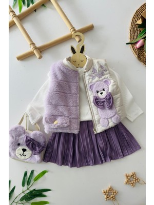 Miniğimin Cicileri Peluş Ayıcık Detaylı Yelekli Kız Çocuk Çantalı 4 Lü Takım - Lila