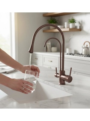 İsaoğlu Yapı Mat Bakır Arıtmalı Mutfak Bataryası Bakır Eskitme Renk Arıtıcılı Evye