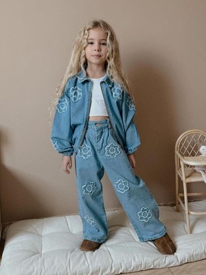 Cg Kids  Çiçek Desenli Kot Ceket ve Pantolon Takımı – 2’li Denim Kız Çocuk Alt Üst Takım