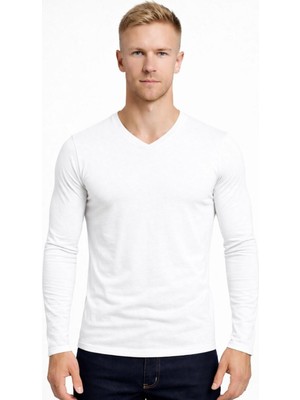 Axxel Erkek Beyaz Pamuklu Likralı Süprem Uzun Kollu T-SHIRT-D236