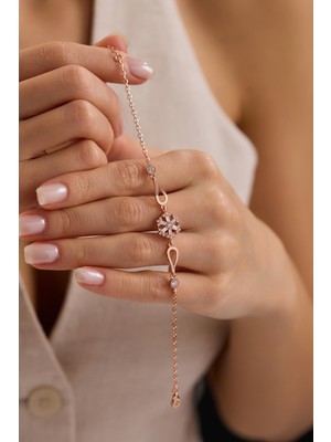 Nereze 925 Ayar Gümüş Kelepçe Model Rose Kaplama Baget Taşlı Kartanesi Bileklik