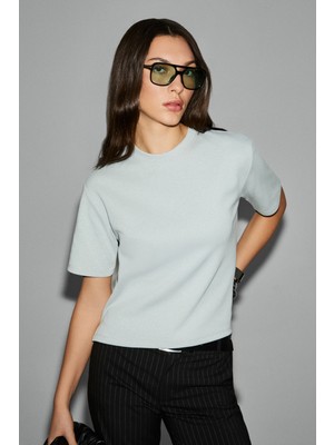 Grimelange Colena Kadın Organik Pamuklu Bisiklet Yaka Oversize Fit Kısa Kollu Gri T-Shirt