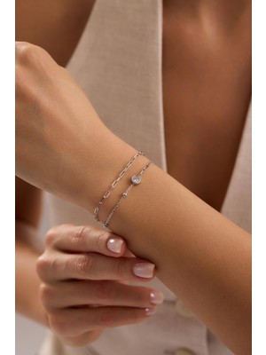 Nereze 925 Ayar Gümüş Rodyum Kaplama Çift Zincirli 5 mm Tektaş Model Bileklik