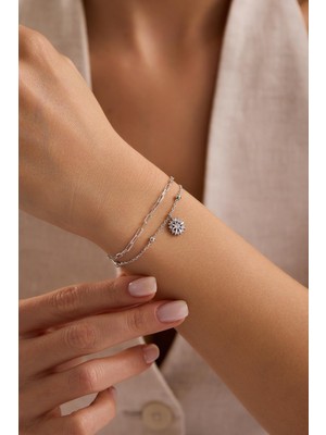 Nereze 925 Ayar Gümüş Rodyum Kaplama Çift Zincirli Güneş Model Bileklik