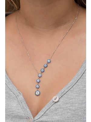 Nereze 925 Ayar Gümüş Rodyum Sıralı Nazar Boncuğu Kolye Modern Zirkon Taşlı Kadın Aksesuar