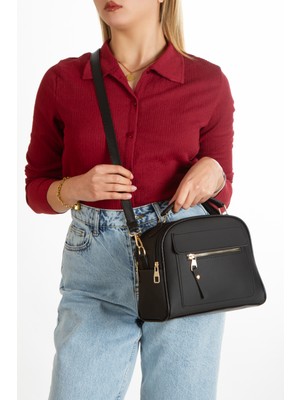 Sannora Bags Kadın Vegan Deri 3 Gözlü Günlük Çapraz Çanta – Gold Fermuar Detaylı Siyah