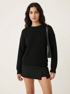 Okka Moda Bisiklet Yaka Oversize Kadın Triko Kazak - Siyah