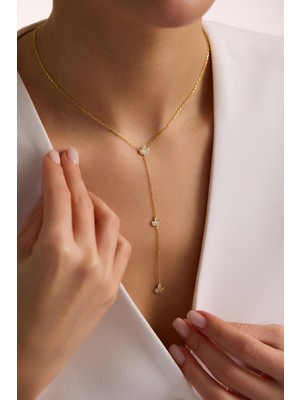 Nereze 925 Ayar Gümüş Gold Kaplama Y Model Lotus Çiçeği Kolye