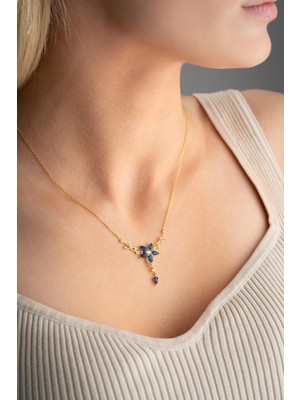 Nereze 925 Ayar Gümüş Gold Kaplama Mavi Taşlı Sarmaşık Model Yıldız Detaylı Kolye