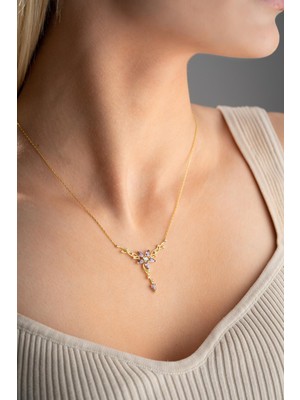 Nereze 925 Ayar Gümüş Gold Kaplama Mor Taşlı Sarmaşık Model Yıldız Detaylı Kolye