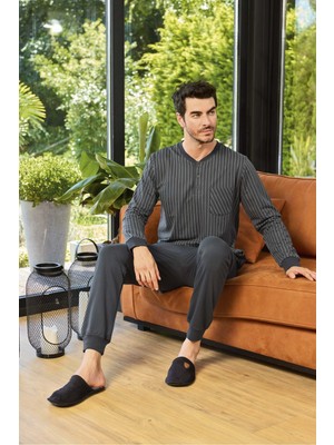 Lodos Store Aydoğan Erkek Geniş Kesim Uzun Kollu İki İplik Pamuklu Pijama Takımı Çizgili Füme