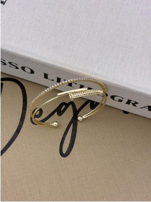 Hedef Bujiteri Gold Renkli Ayarlanabilir Iki Sıralı Zirkon Taşlı Çivi Detaylı Bileklik