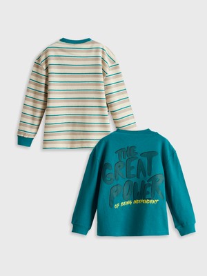 Lc Waikiki Yeni Sezon Bisiklet Yaka Baskılı Erkek Çocuk Tişört 2'li