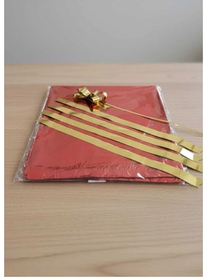 Aybaş Kağıtçılık 10 Lu 30X45 cm Metalize Kırmızı Hediye Paketi + 19X45 cm Metalize Gold Çekmeli Fiyonk