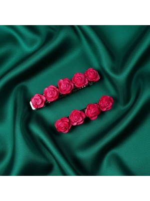 Uretti - Hülya 6683 3413 El Yapımı Gül Desenli Polimer Kil 2’li Set Klipsli Saç Tokası / 8 cm - 6 cm