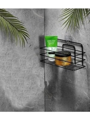 Karokstore Tekli Siyah Yapışkanlı Banyo Rafı, Duş Şampuanlık, Paslanmaz Metal Raf (Vidala/yapıştır) - Tş-01