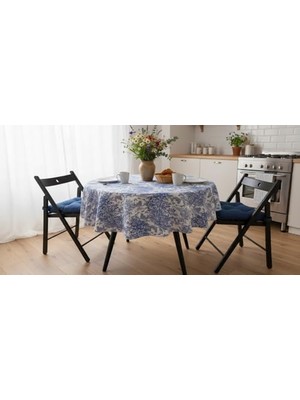 Karokstore & Laurel Dokuma Kumaş Masa Örtüsü Mavi Ağırlıklı (Mavi Beyaz, 160 Yuvarlak)
