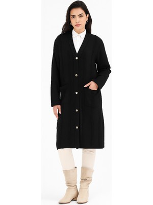 uludağ triko Kadın Siyah Cepli V Yaka Püsküllü Triko Uzun Hırka