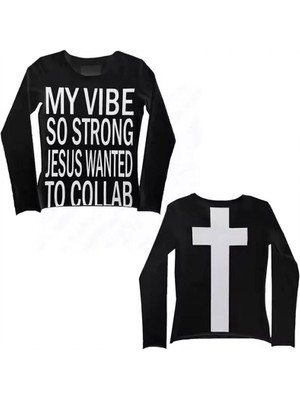Kara Kedi Siyah My Vibe Cross Sırt  Baskılı Y2K Uzun Kollu Crop