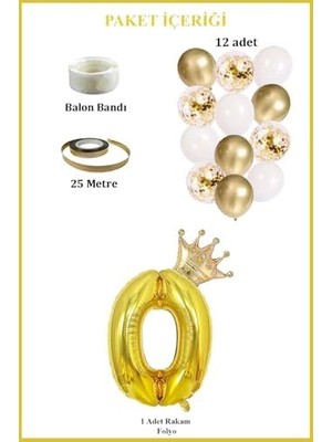 Karokstore 0 Rakam Folyo Balon, Kral Tacı ve Konfetili Balon
