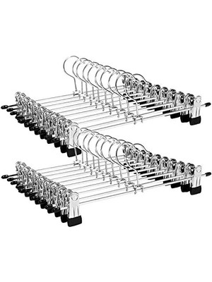 Karokstore Metalden Yapılmış Pantolon Askısı, 31 cm Elbise Askısı, Kaymaz, Pantolon, Etek ve Çoraplar Için, Klipsli Etek Askıları, 20'li Set, Iyi Esneklik, Krom Kaplama, Siyah-Gümüş CRI003-20