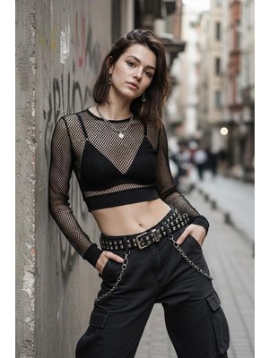 Kara Kedi Siyah Fileli Lastik Detaylı Y2K Crop Uzun Kollu