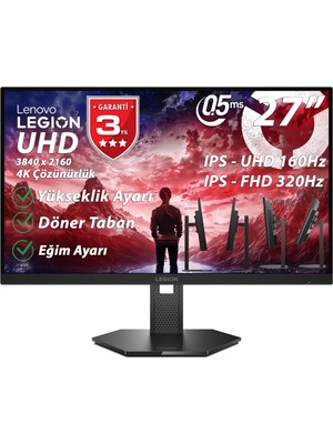 Lenovo Legion 27U-10 27" 0.5 MS (Mprt) UHD:160Hz, FHD:320Hz (2xHDMI-DP) G-Sync, AMD Freesync Premium 4K UHD 3840 x 2160 Pivot IPS Panel WLED Monitör 67D1GAC1TK
