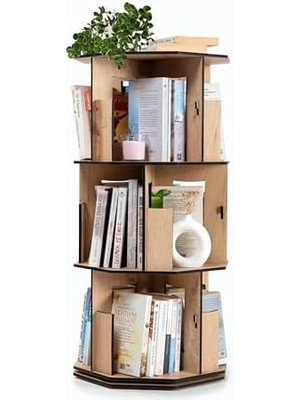Karokstore 360° Döner Kitaplık – Modern ve Dekoratif Çok Katmanlı Ahşap Kitap ve Dergi Rafı (Meşe, 3 Raflı)