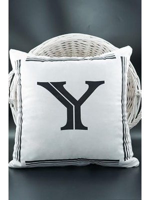 Karokstore Harfli Kırlent Kılıfı Kadife 43X43 cm Çift Taraflı Y Harfi Kedi Desenli Evlilik Teklifi Doğum Günü