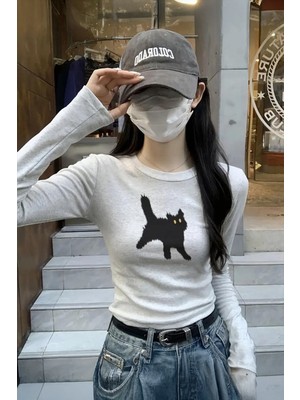 Kara Kedi Kar Melanj Cat Bisiklet Yaka Street Y2K Uzun Kollu Crop