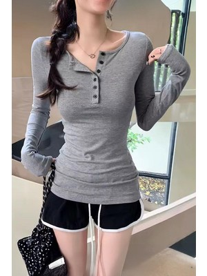 Gri Melanj Düğmeli Yarım Yaka Y2K Uzun Kollu Crop