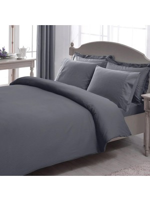 Karokstore Stripe Düz Pamuk Nevresim Takımı, Gri, Çift Kişilik