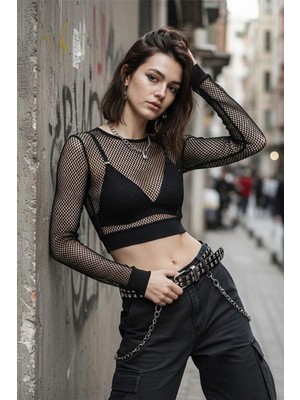 Kara Kedi Siyah Fileli Lastik Detaylı Crop Uzun Kollu