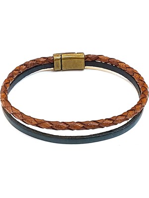 Herşey Nota Deep Green Camel Braid – Taba Örgü & Koyu Yeşil Bant Erkek Deri BILEKLIK-1399