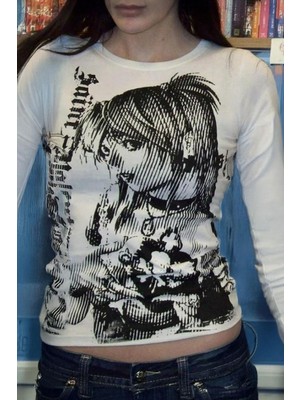 Kara Kedi Beyaz Vintage Anime Misa Amane Saint Gotik Y2K Uzun Kollu Crop