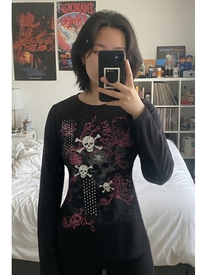 Kara Kedi Siyah Gothic Skulls Full Body Y2K Uzun Kollu Crop