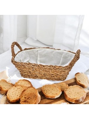 Karokstore El Yapımı Doğal Hasır Kulplu Çok Amaçlı Dekoratif Dikdörtgen Sepet, Hasır Kulplu Ekmek Sepeti (27X18X8CM)